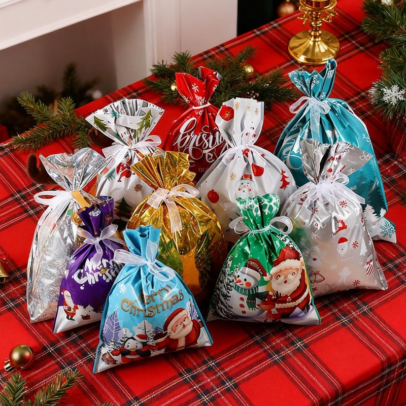 Christmas Drawstring Gift Bags, Xmas Gift Bags with Tags & Ribbon Ties, Reusable Santa Xmas Wrapping Bag Bulk with Tags for Candy - Image 1
